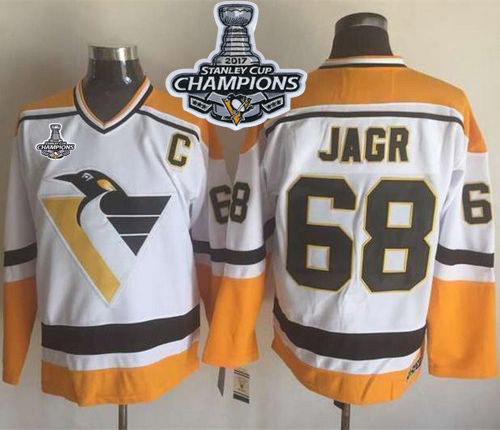 Penguins #68 Jaromir Jagr White/Yellow CCM Throwback Stanley Cup Finals Champions Stitched NHL Jersey